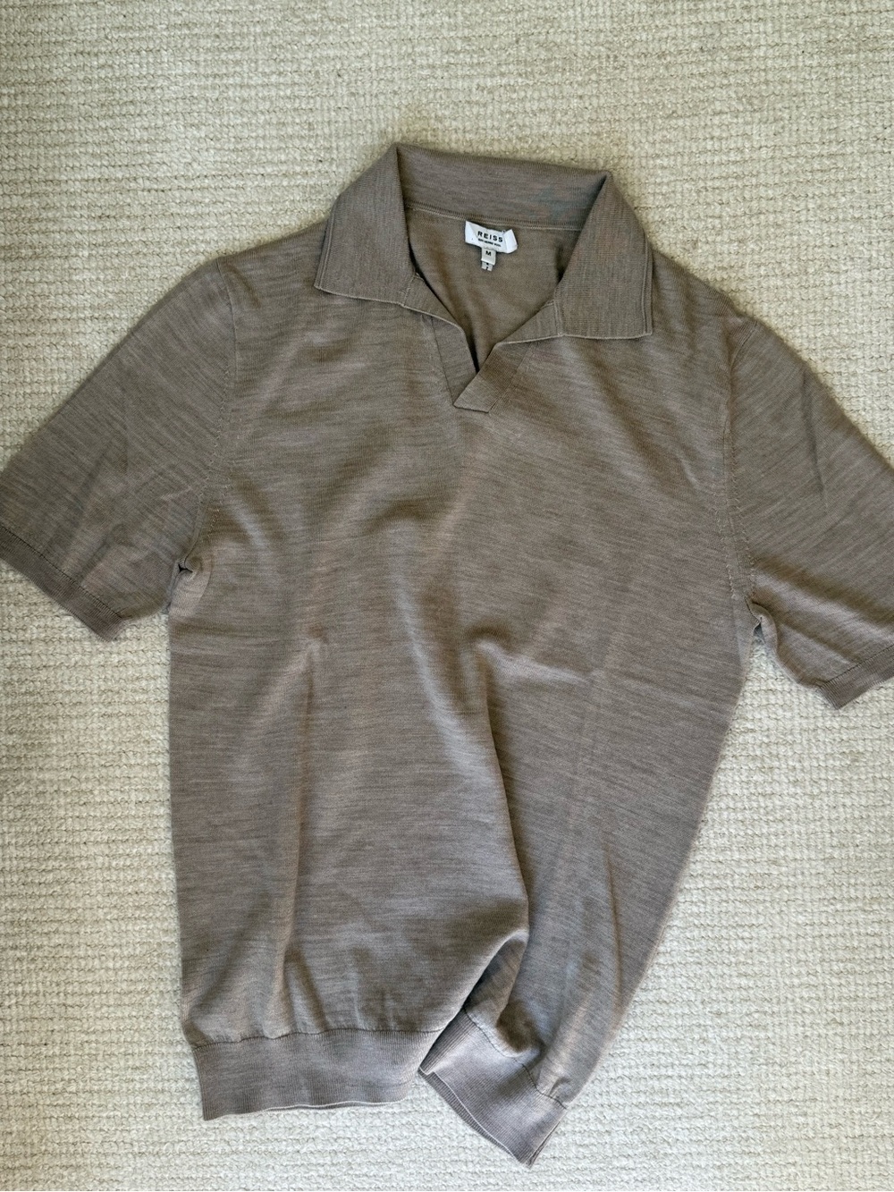 Reiss Merino Wool Short-Sleeve Polo in Taupe Brown